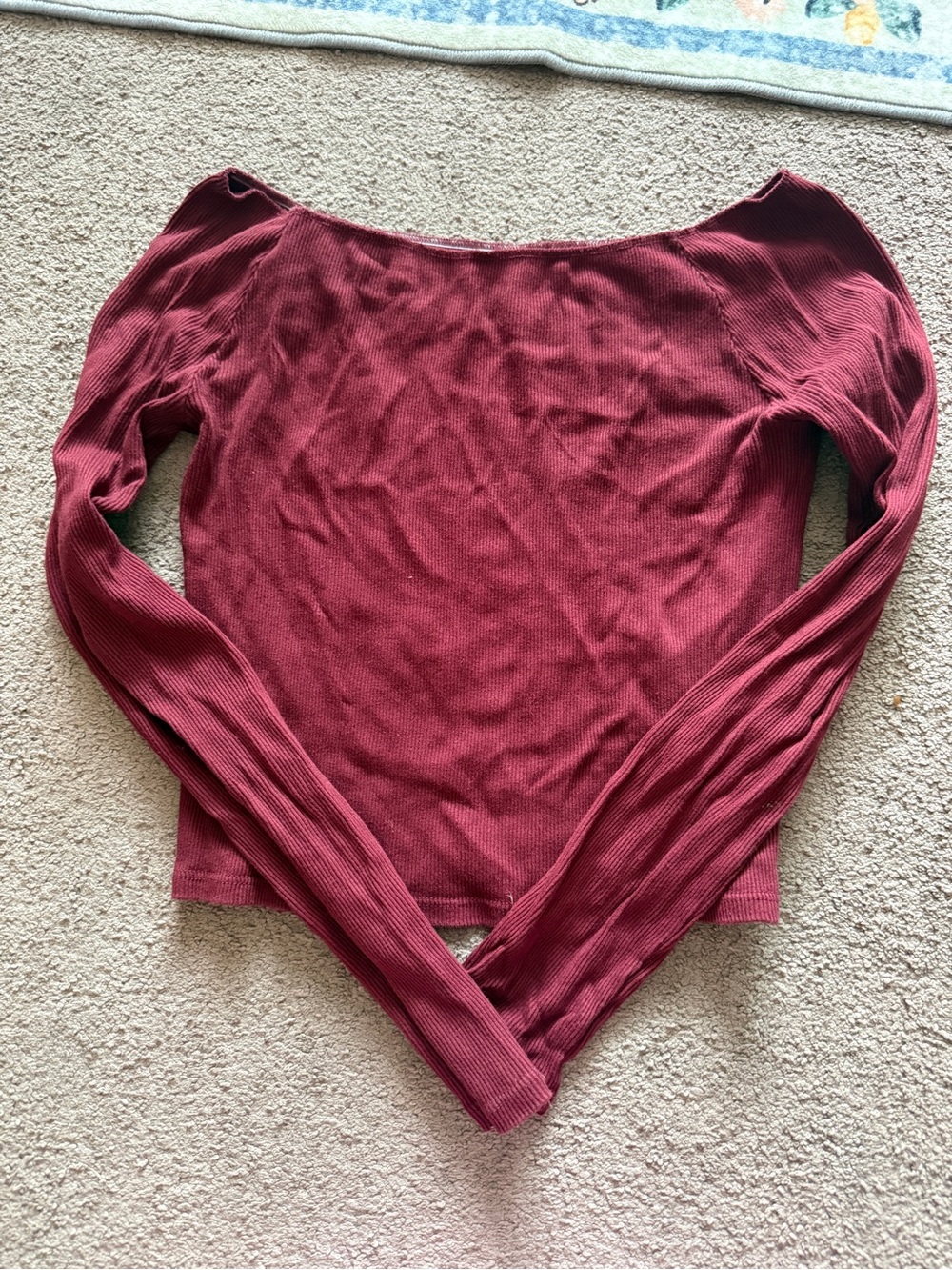 Brandy Melville Ribbed Off-the-Shoulder Long Sleeve Top in Wine